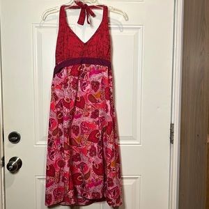 ATHLETA Pack Everywhere Red Pink Paisley Fit Flare Halter Dress Size 10